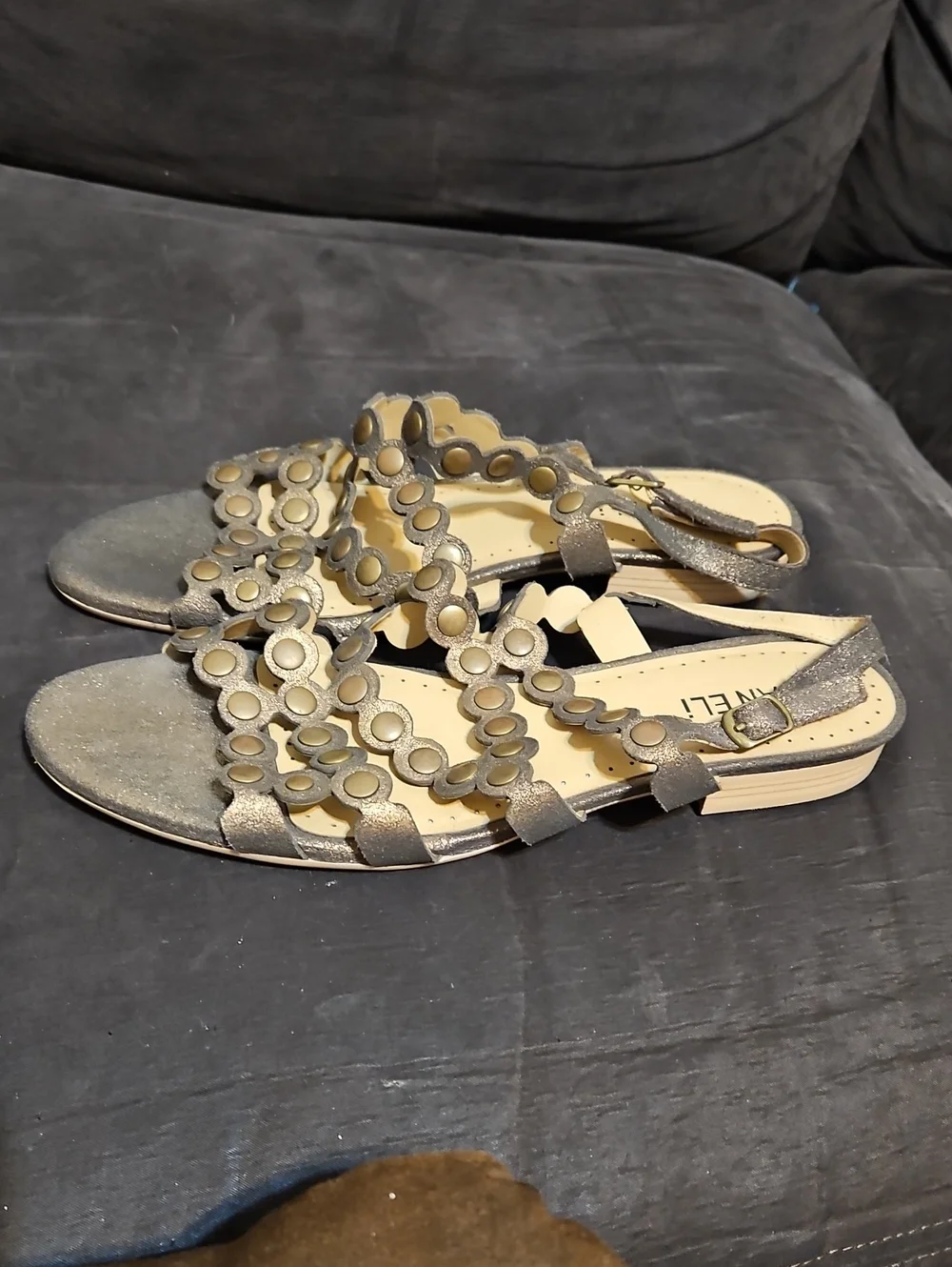Vaneli Silver Circle-Link Faux Leather Sandals